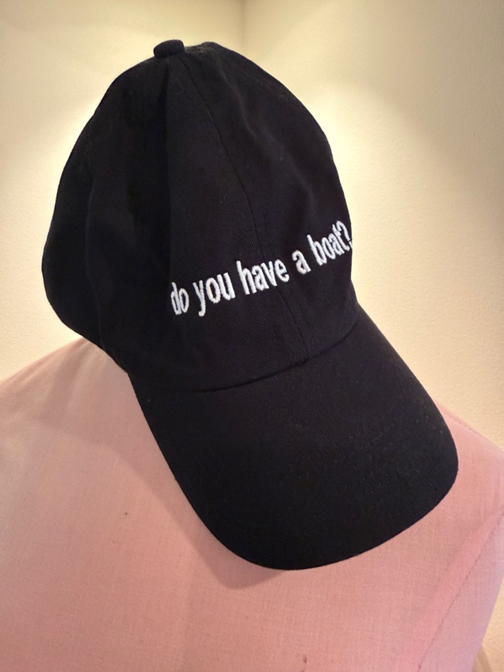 Black Dad Hat with White 'do you have a boat?' Embroidery